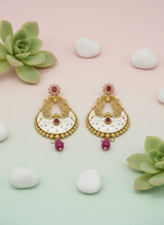White Meenakari Chandbali Earrings – Gold Plated, Floral Studs, Traditional Indian Festive Jewelry