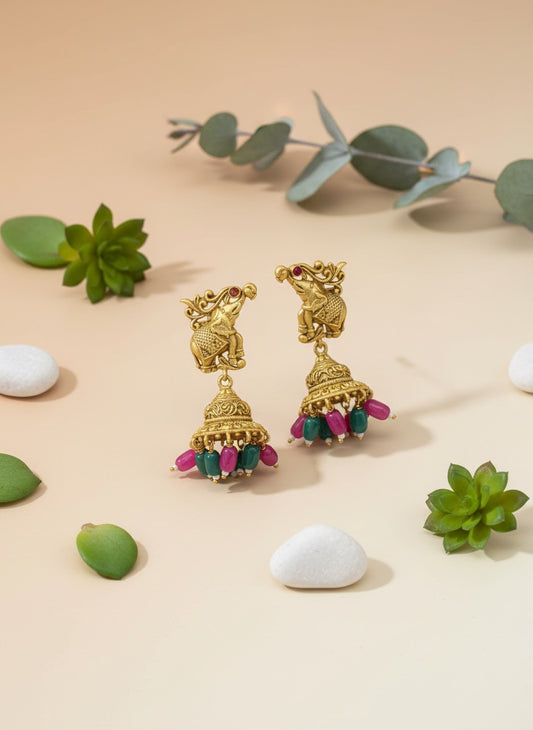 Traditional Elephant Motif Jhumka Earrings – Antique Gold Finish, Festive Wear