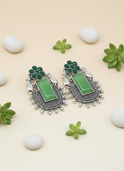Oxidised Silver Turquoise Statement Earrings | Boho Ethnic Tribal Drop Earrings for Women & Girls
