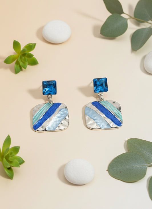 Geometric Enamel Statement Earrings – Silver Drop with Aqua & Sapphire Tones