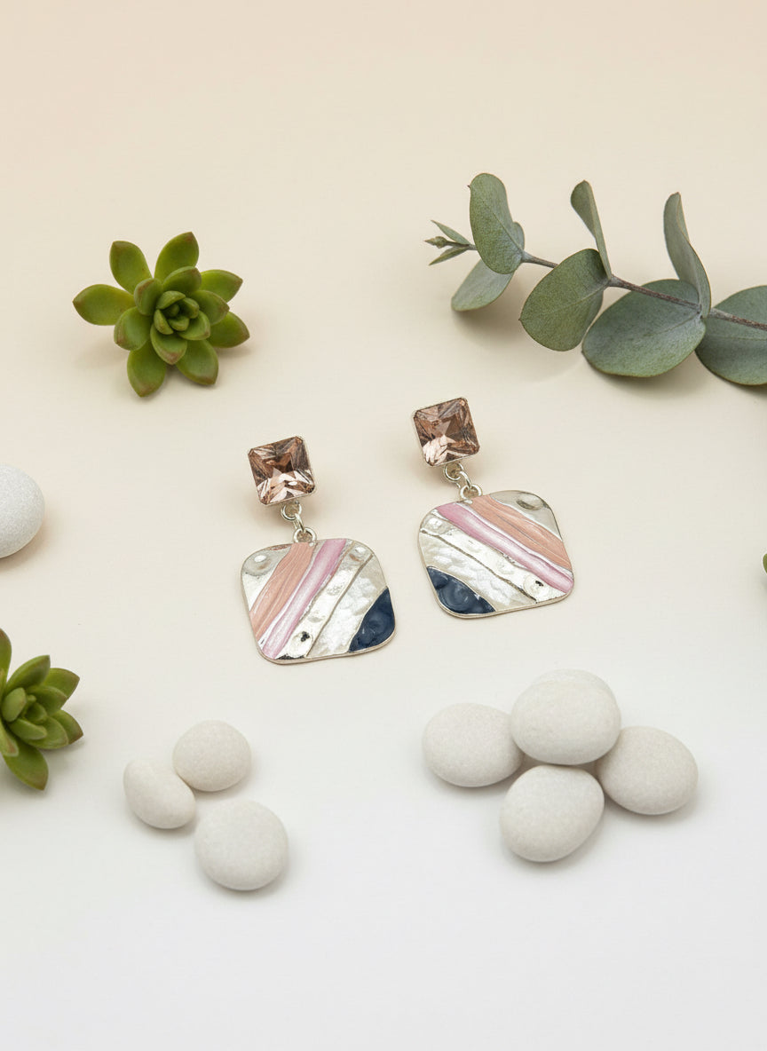 Geometric Enamel Statement Earrings – Silver Drop with Aqua & Sapphire Tones
