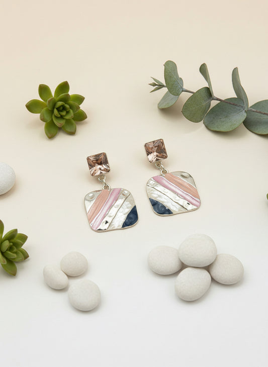 Geometric Enamel Statement Earrings – Silver Drop with Aqua & Sapphire Tones