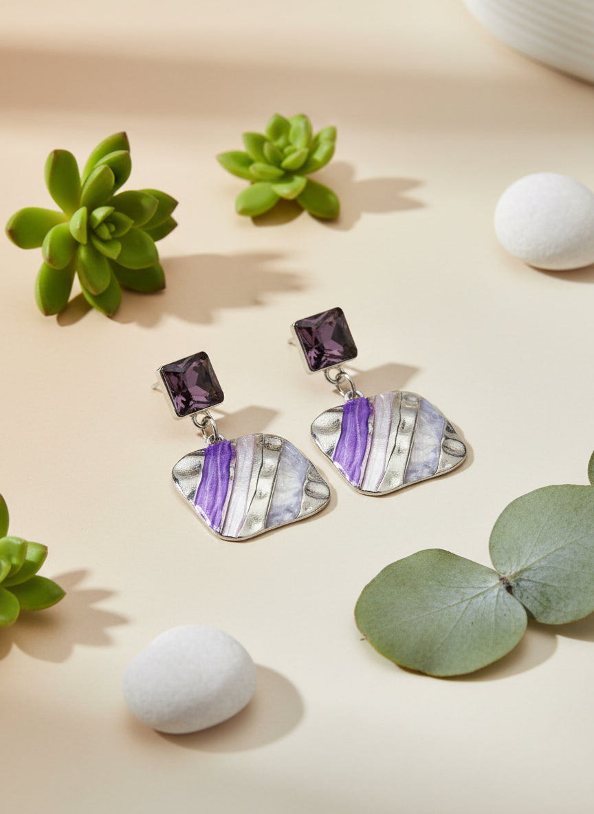 Geometric Enamel Statement Earrings – Silver Drop with Aqua & Sapphire Tones