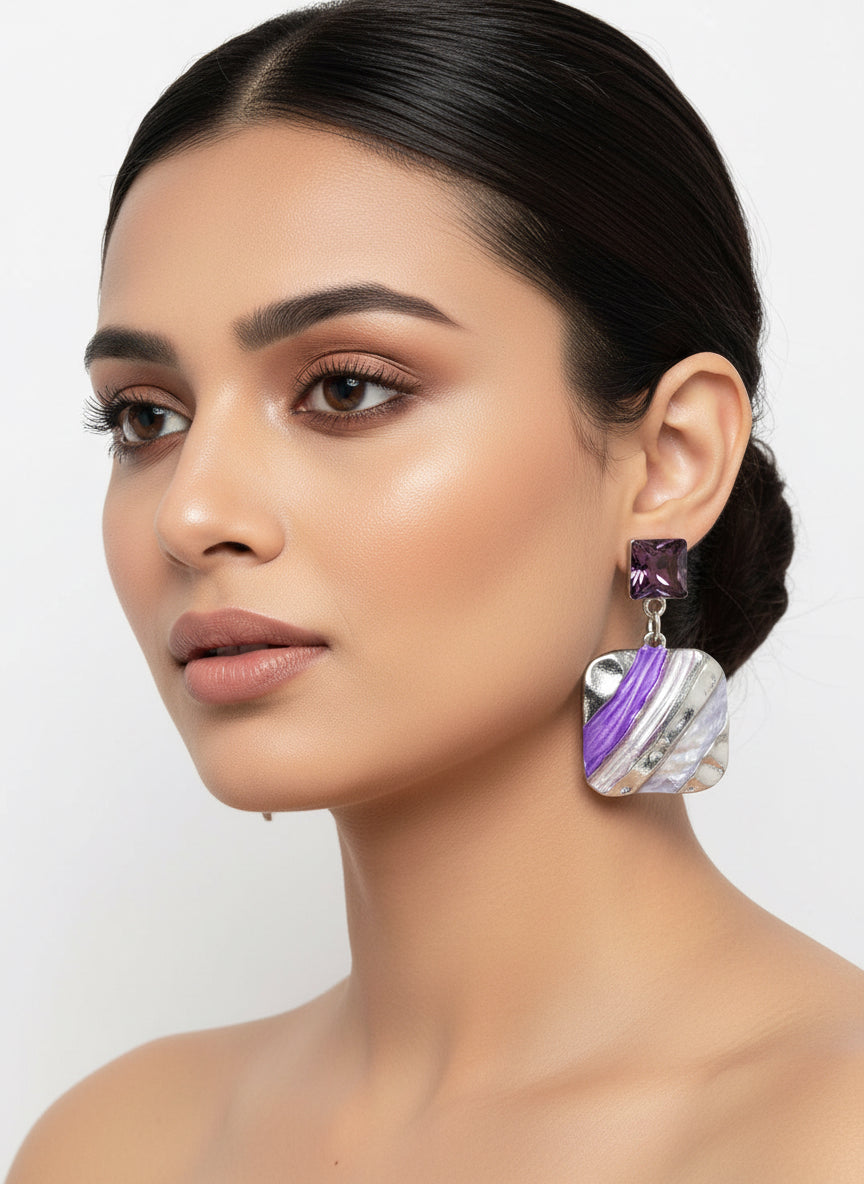 Geometric Enamel Statement Earrings – Silver Drop with Aqua & Sapphire Tones