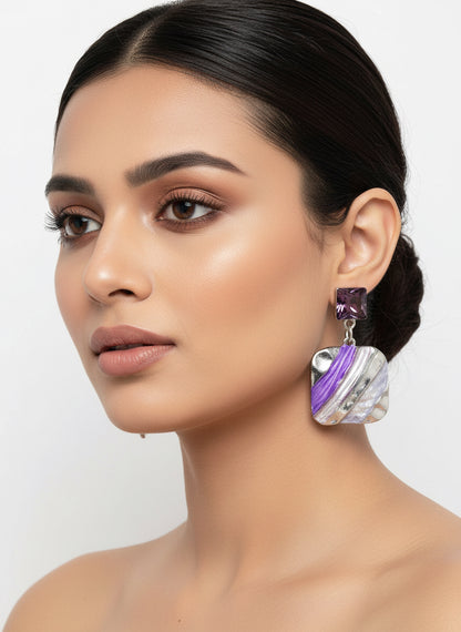 Geometric Enamel Statement Earrings – Silver Drop with Aqua & Sapphire Tones