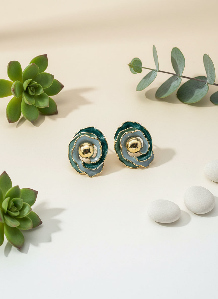 Premium Green Enamel Flower Stud Earrings for Women – Gold Plated Statement Earrings | Trendy Designer Earrings
