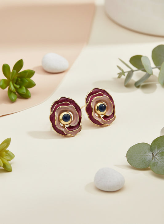 Premium Green Enamel Flower Stud Earrings for Women – Gold Plated Statement Earrings | Trendy Designer Earrings