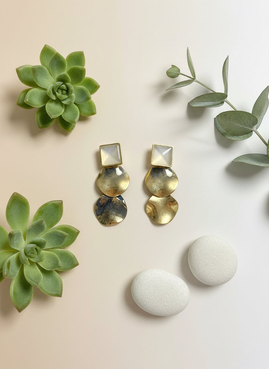 Gold Textured Drop Earrings for Women – Stylish Matte Finish Danglers with Square Stone Top