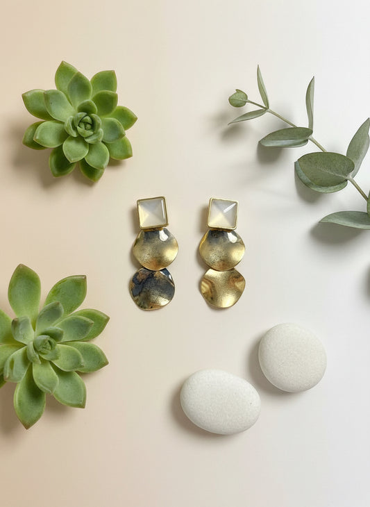 Gold Textured Drop Earrings for Women – Stylish Matte Finish Danglers with Square Stone Top