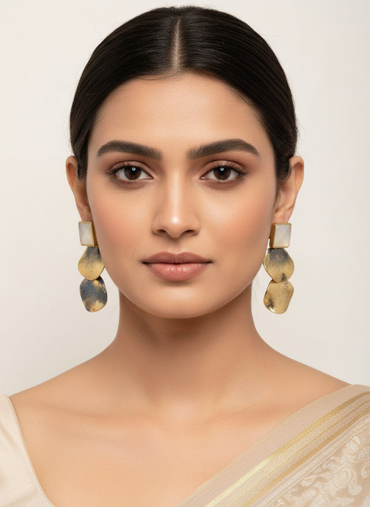 Gold Textured Drop Earrings for Women – Stylish Matte Finish Danglers with Square Stone Top