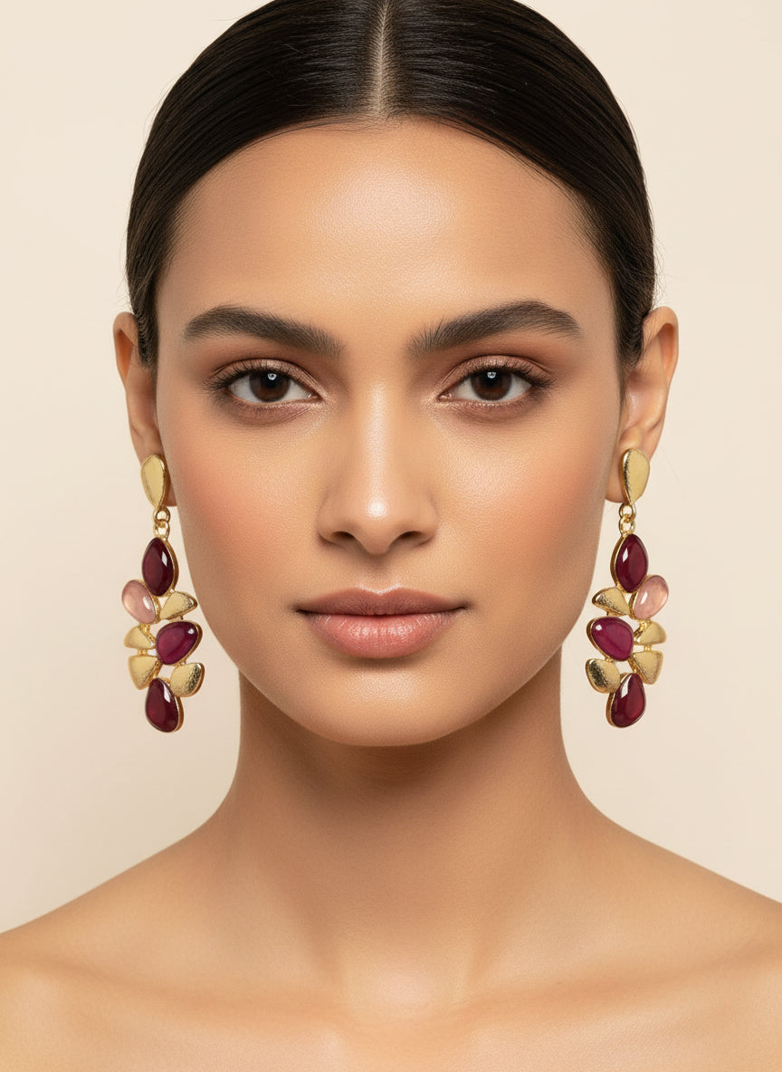 Premium Gold Plated Stone Cluster Drop Earrings for Women – Stylish Party Wear Danglers (Multiple Colors)