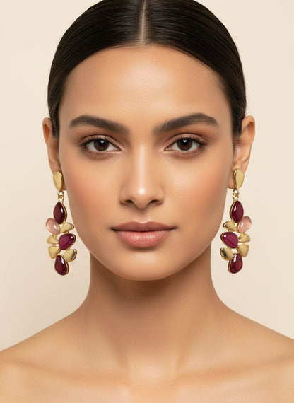 Premium Gold Plated Stone Cluster Drop Earrings for Women – Stylish Party Wear Danglers (Multiple Colors)