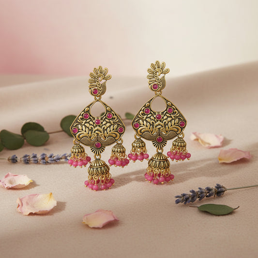 Antique gold-tone peacock jhumki earrings with pearl & stone detailing, traditional ethnic dangle earrings for women and girls