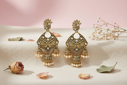 Antique gold-tone peacock jhumki earrings with pearl & stone detailing, traditional ethnic dangle earrings for women and girls