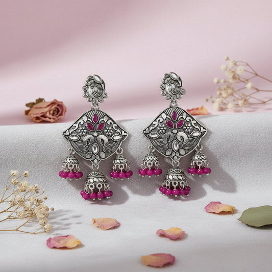 Oxidised Silver Beaded Triple Jhumka Earrings for Women & Girls