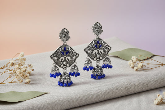 Oxidised Silver Beaded Triple Jhumka Earrings for Women & Girls