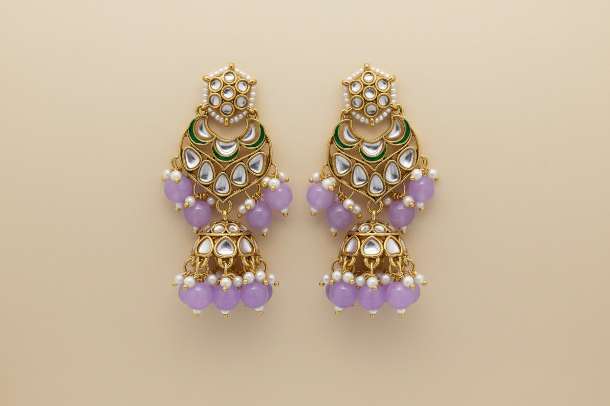 Lavender Kundan Jhumka Earrings for Women | Gold Plated Dangler Earrings with Pearls & Beads for Wedding and Festive Wear