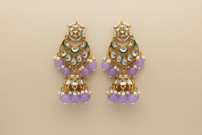 Lavender Kundan Jhumka Earrings for Women | Gold Plated Dangler Earrings with Pearls & Beads for Wedding and Festive Wear