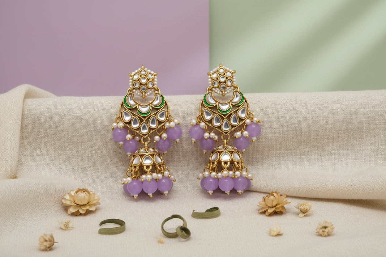 Lavender Kundan Jhumka Earrings for Women | Gold Plated Dangler Earrings with Pearls & Beads for Wedding and Festive Wear