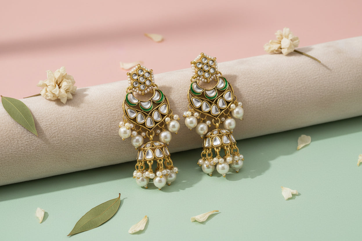 Lavender Kundan Jhumka Earrings for Women | Gold Plated Dangler Earrings with Pearls & Beads for Wedding and Festive Wear