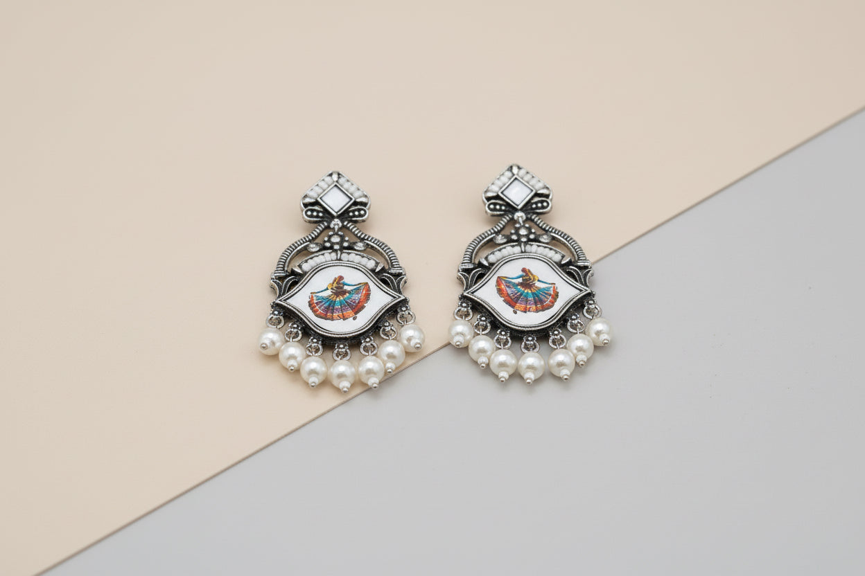 Elegant Garba Dancer Oxidised Silver Jhumka Earrings with Pearls | Mera Jhumka