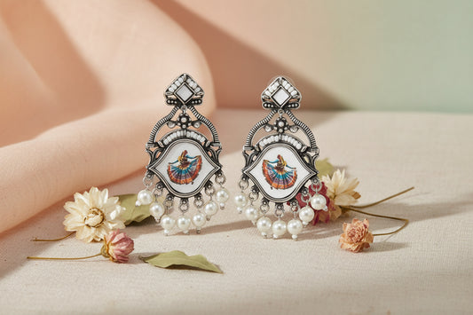 Elegant Garba Dancer Oxidised Silver Jhumka Earrings with Pearls | Mera Jhumka