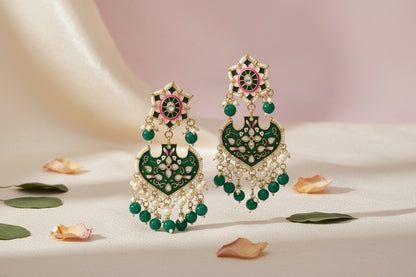Royal Enamel Lotus Chandbali Earrings with Beads & Pearls for Women | Mera Jhumka