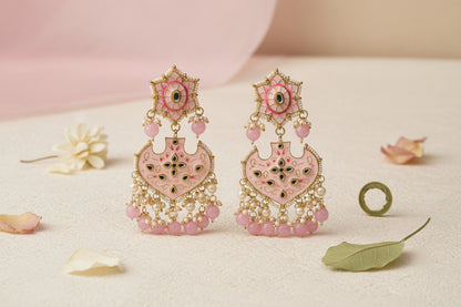 Royal Enamel Lotus Chandbali Earrings with Beads & Pearls for Women | Mera Jhumka