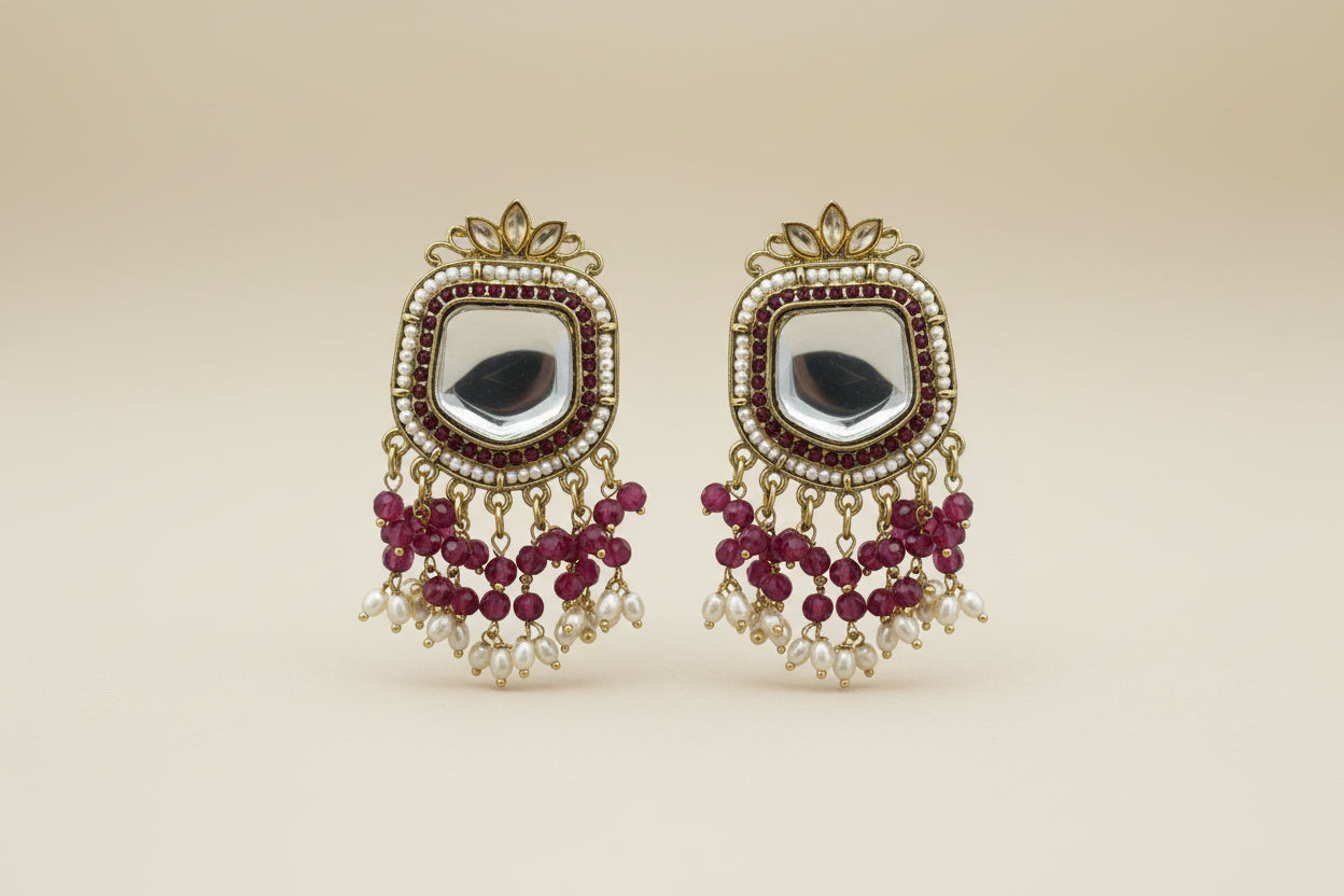 Royal Kundan Mirror Stud Earrings with Beads & Pearl Drops for Women | Mera Jhumka