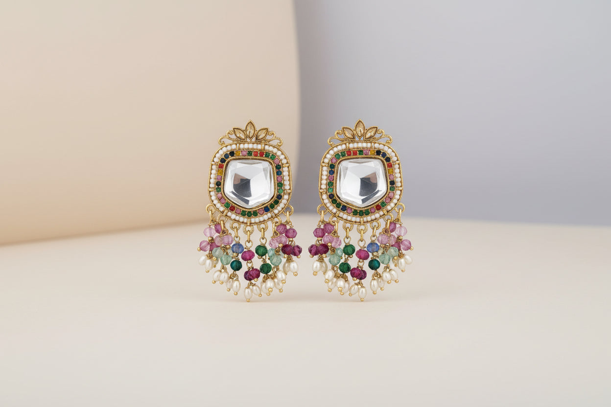 Royal Kundan Mirror Stud Earrings with Beads & Pearl Drops for Women | Mera Jhumka