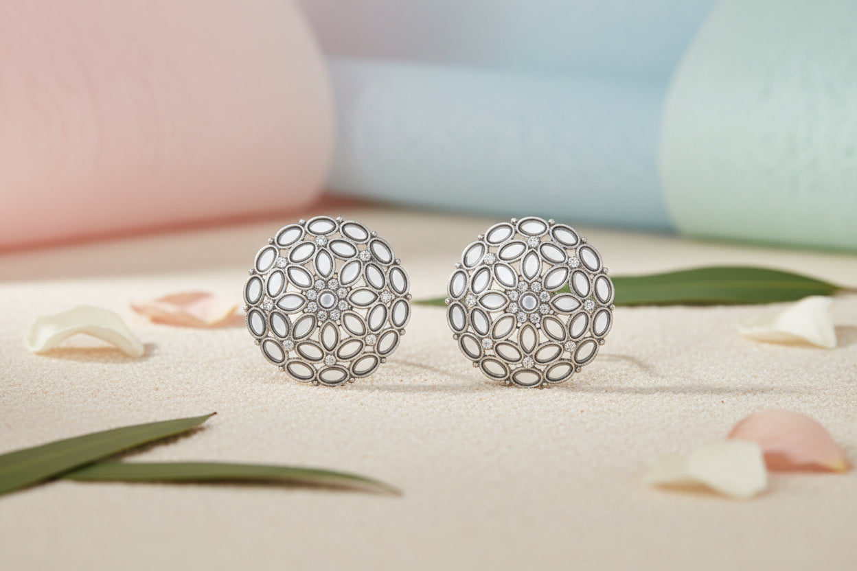 Silver Plated Round Kundan Stud Earrings for Women & Girls | Everyday Ethnic Wear | Mera Jhumka