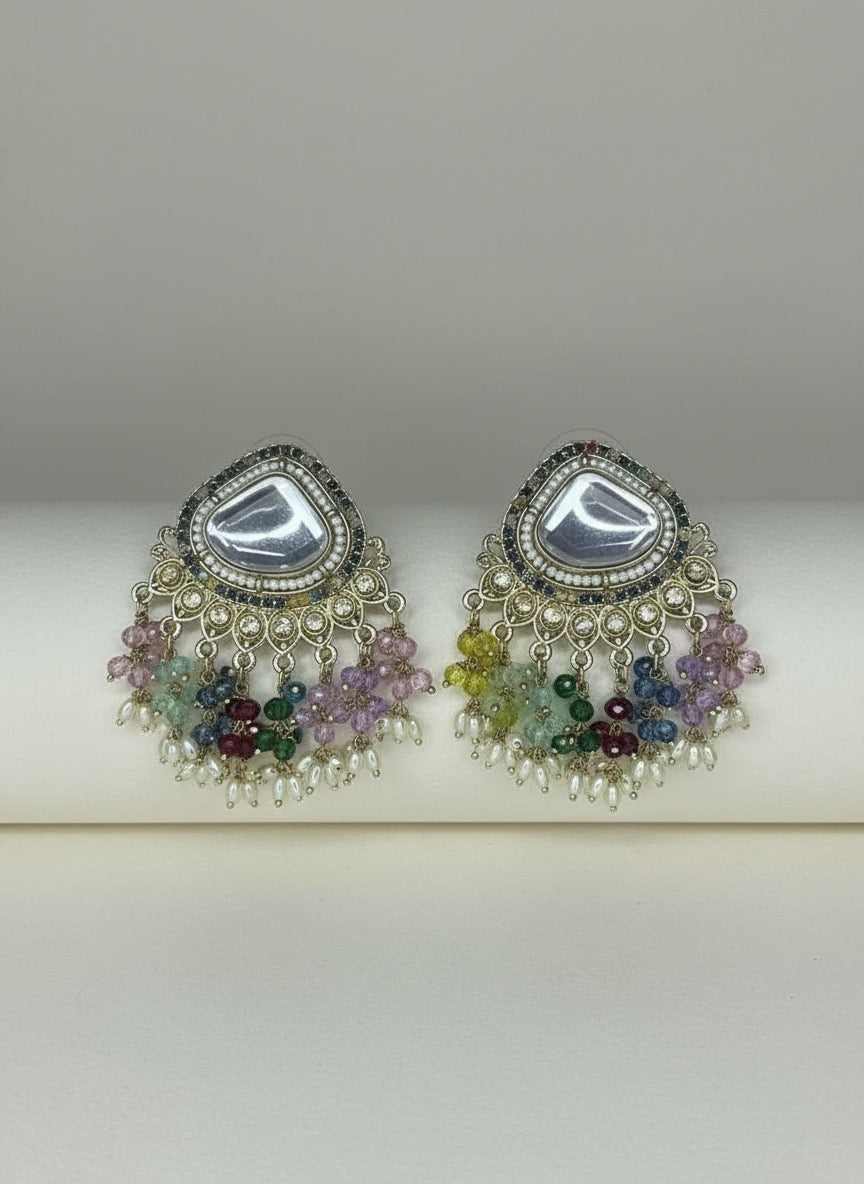 Multicolor Kundan Statement Earrings with Pastel Beads & Pearl Drops for Women