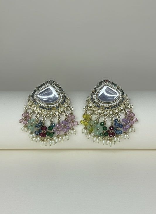 Multicolor Kundan Statement Earrings with Pastel Beads & Pearl Drops for Women