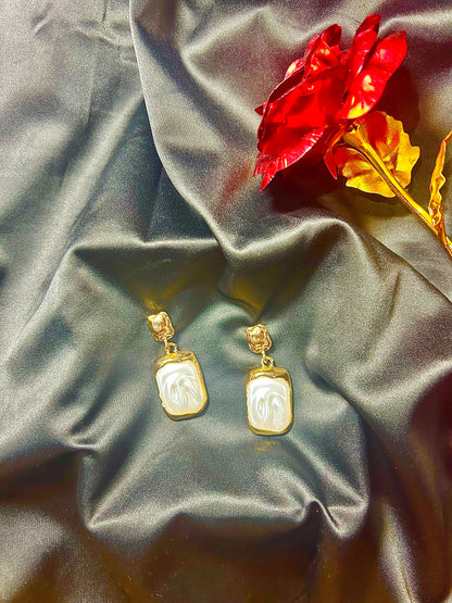 Glossy Pearl White Gold-Tone Drop Earrings – Bold & Elegant