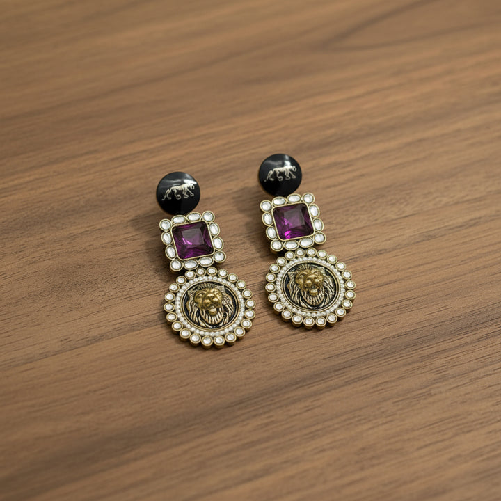 Lion Motif Kundan Statement Earrings | Regal Ethnic Jewelry for Women by Mera Jhumka