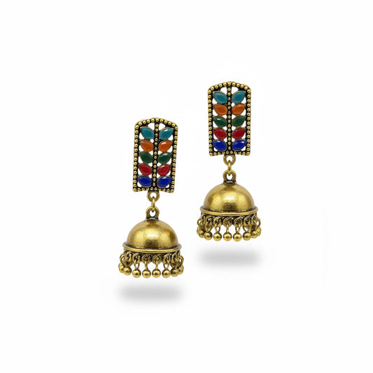 Antique Gold Multicolor Jhumka Earrings for Women | Statement Ethnic Jewelry by Mera Jhumka
