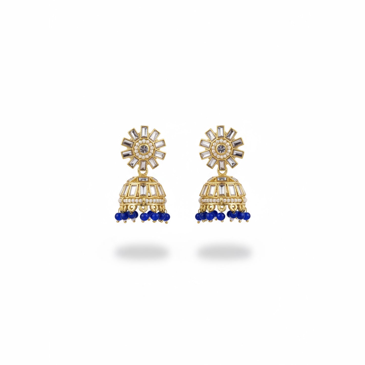 Geometric Kundan Jhumka Earrings with Blue Beads | Elegant Gold-Plated Ethnic Jewelry by Mera Jhumka