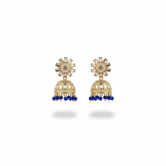 Geometric Kundan Jhumka Earrings with Blue Beads | Elegant Gold-Plated Ethnic Jewelry by Mera Jhumka
