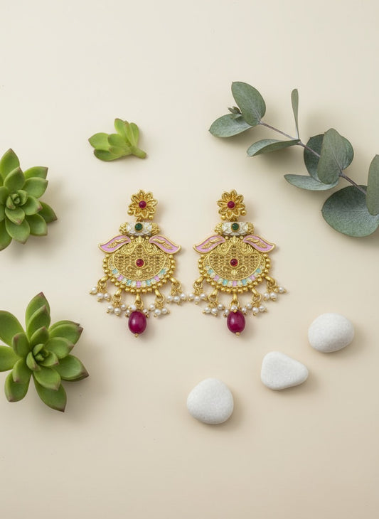 Antique Gold-Plated Kundan Earrings with Ruby Drop – Traditional Bridal Earrings for Wedding & Festive Season