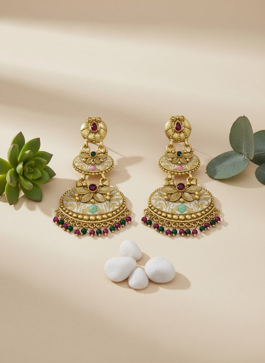 Antique Temple Gold Earrings with Ruby & Emerald Beads – Traditional Bridal Jhumkas for Wedding Season
