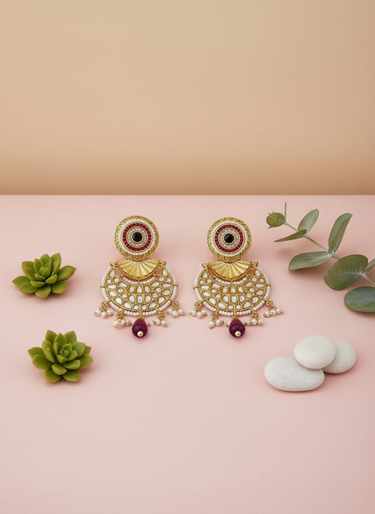 Royal Kundan Gold Earrings with Maroon Drop – Bridal Wedding Jhumkas for Festive Season