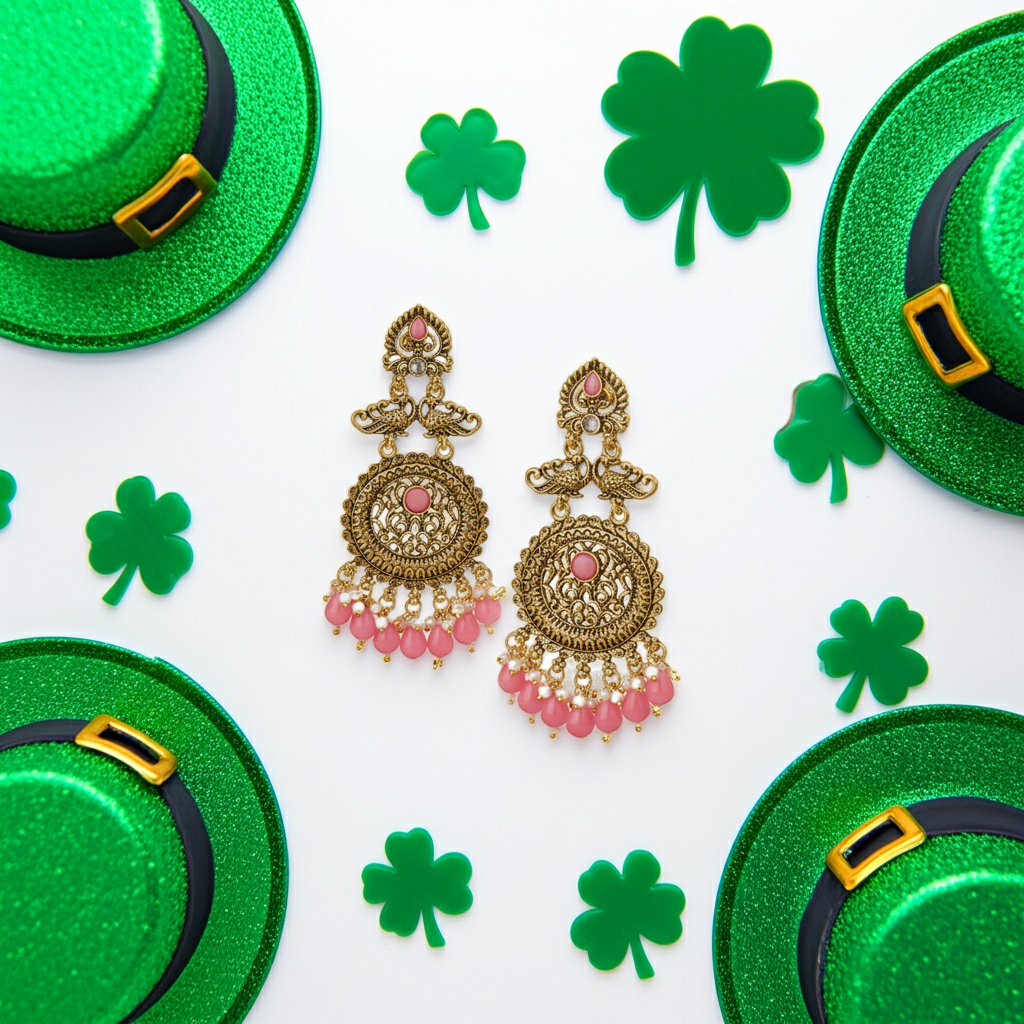 Antique Gold Peacock Chandbali Earrings with Beads – Traditional Indian Ethnic Jhumka for Women & Girls