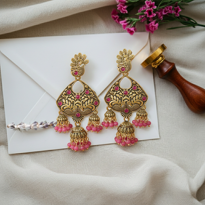 Antique gold-tone peacock jhumki earrings with pearl & stone detailing, traditional ethnic dangle earrings for women and girls
