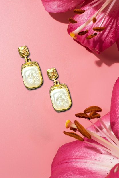 Glossy Pearl White Gold-Tone Drop Earrings – Bold & Elegant