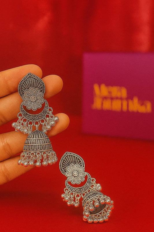 Antique Oxidized Silver Floral Jhumka Earrings
