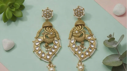 Royal Peacock Kundan Chandbali Earrings with Pearls | Traditional Indian Wedding & Festive Jewelry for Women and Girls | Antique Gold Finish