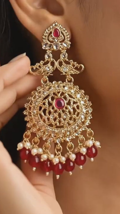 Antique Gold Peacock Chandbali Earrings with Beads – Traditional Indian Ethnic Jhumka for Women & Girls